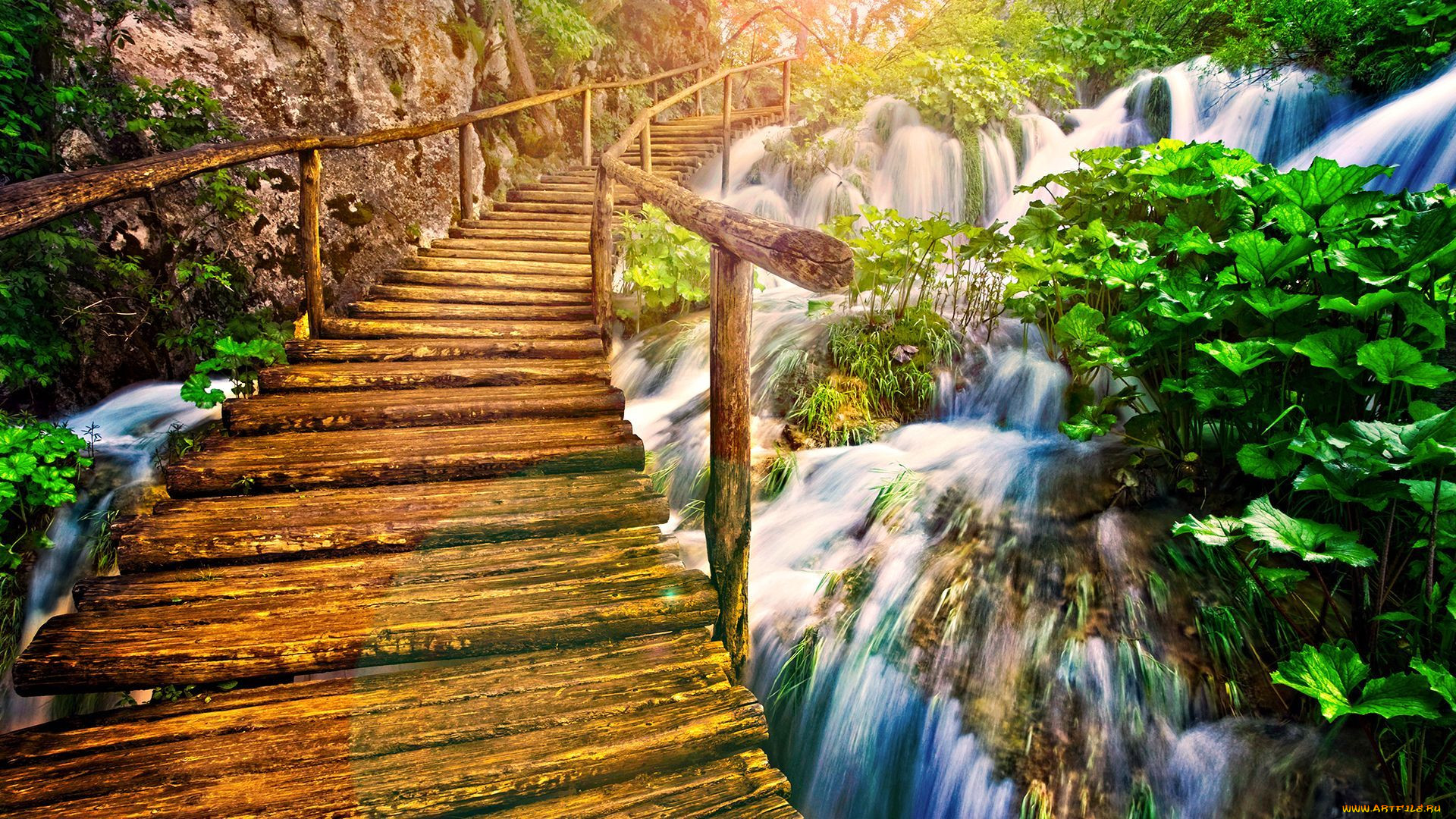 wooden, bridge, over, waterfalls, , , , , 
